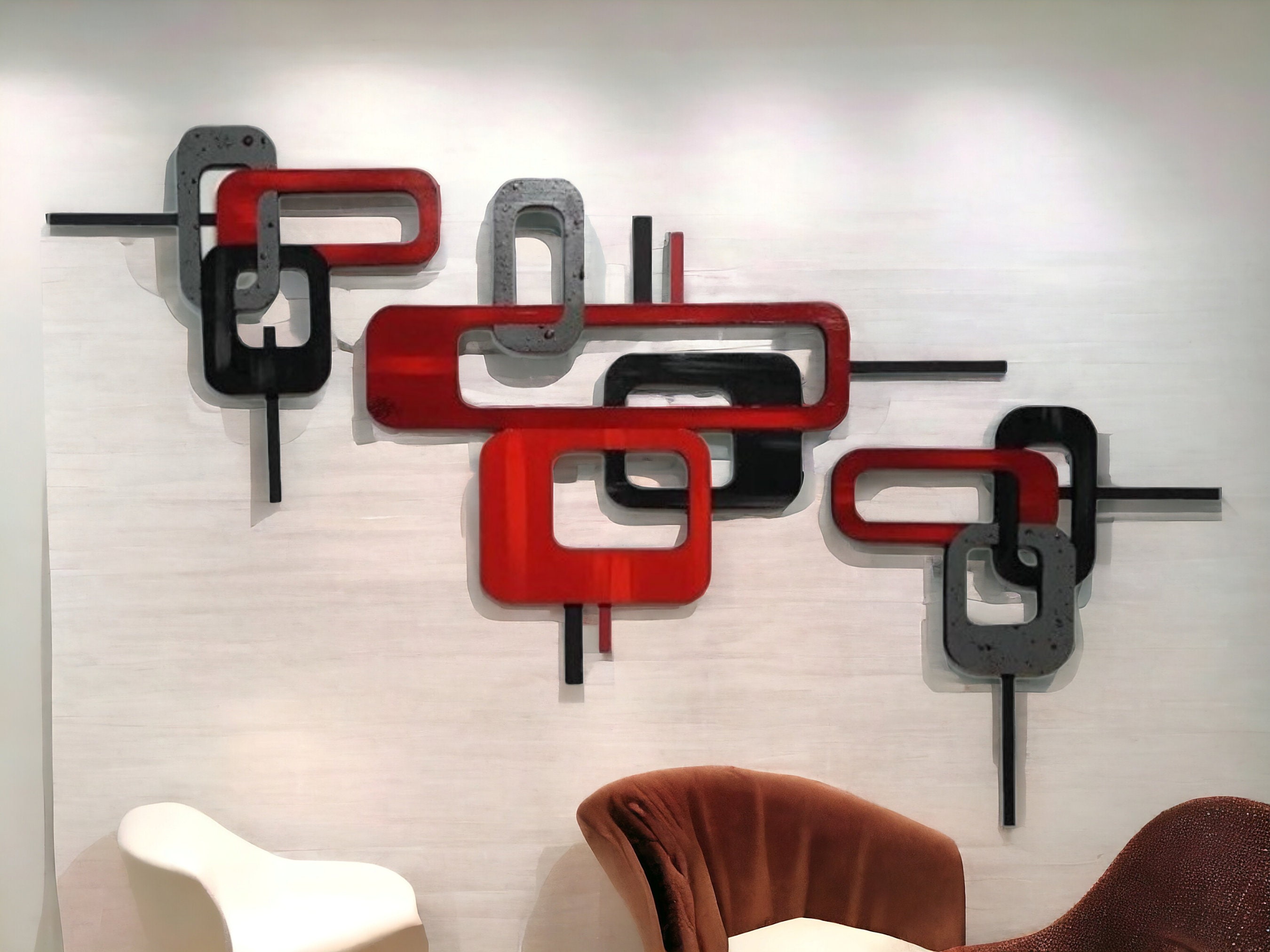 Retro Wood and Metal Wall Sculpture, 3-piece Deep Amaya Red n black, Abstract Wall art, 46x26 to 65x29 by Alisa