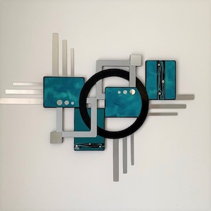 Contemporary Teal Aqua Wall Art, Geometric Wood & Mirror Wall Sculpture, Abstract metal Wall art, 32 up to 80 inches by Art69