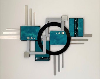 Contemporary Teal Aqua Wall Art, Geometric Wood & Mirror Wall Sculpture, Abstract metal Wall art, 32 up to 80 inches by Art69