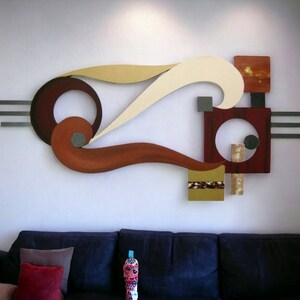 Contemporary Modern Abstract Art wood and metal Wall Sculpture Avalon 48x20 wood wall art, metal mirror art by Art69 image 3
