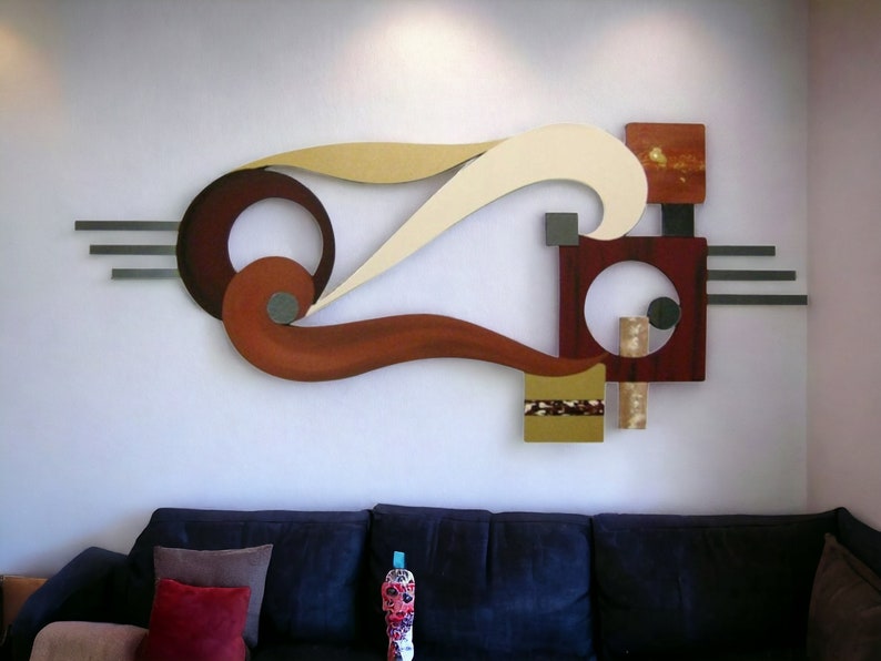Contemporary Modern Abstract Art wood and metal Wall Sculpture Avalon 48x20 wood wall art, metal mirror art by Art69 image 3
