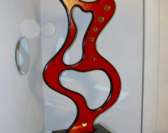 Modern Red & Black Tabletop Sculpture - Contemporary Abstract sculpture with Mirror accents- Red Waters by Art69