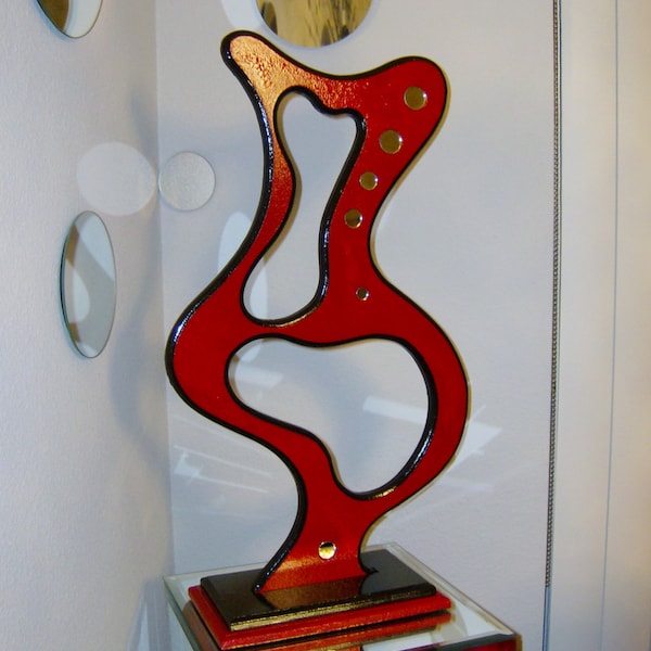 Modern Red & Black Tabletop Sculpture - Contemporary Abstract sculpture with Mirror accents- Red Waters by Art69