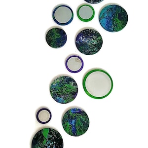 Contemporary Modern Abstract Acrylic Pour 14 pc Circles and Mirrors - Blue and Green  48&quot; up to 65&quot;+ Circle art Wall hangings  by DAS