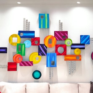 Colorful Contemporary Wood n Metal wall sculpture, Abstract wall art, Unique wall art, Modern Geometric - Imagine 63X36 to 68x40 by Alisa
