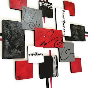 Contemporary Modern Wall Decor Red Black Gray Square Wood and Metal ...