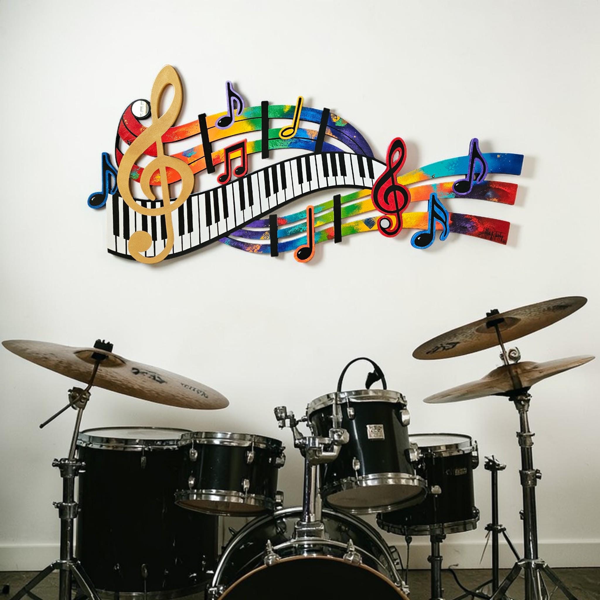 Music Wood Wall Art, Colorful Abstract Music Notes & Piano Keys