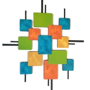 Simplistic Mid Century Modern Squares Contemporary Wood and Metal Wall Sculpture 40x33 TO 60X50 by Alisa Vertical