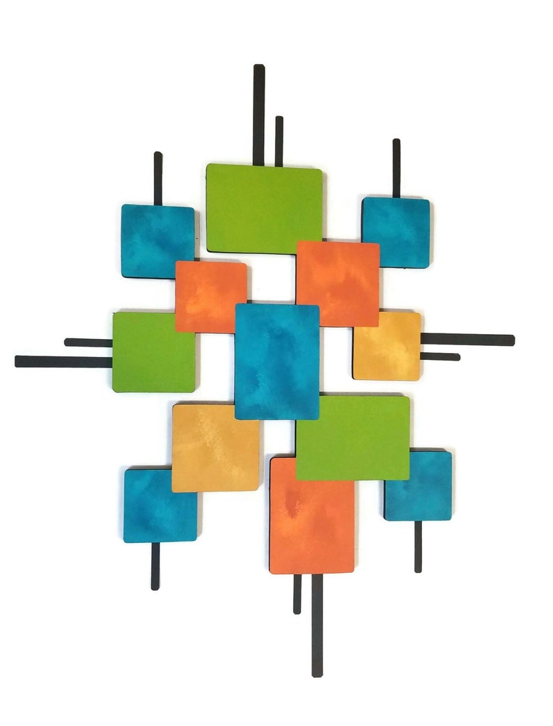 Simplistic Mid Century Modern Squares Contemporary Wood and Metal Wall Sculpture 40x33 TO 60X50 by Alisa Vertical