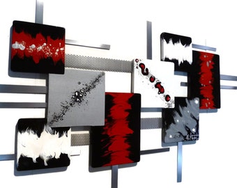 Red & Black wood wall art, Metal sculpture, Modern Abstract wall sculpture, Zoey Square, 36x24 by DAS