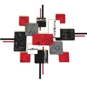 Contemporary Modern Wall Decor Red Black Gray Square Wood and Metal ...