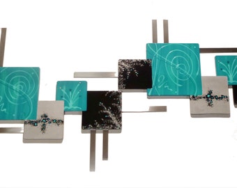 Contemporary Modern wall decor, Abstract Turquoise & Silver Squares Wood Wall Sculpture with Metal Accents-Art69