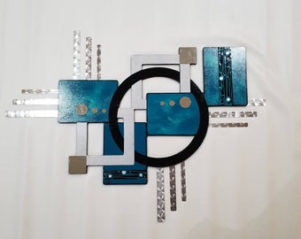 Contemporary bluish Teal Aqua Wall Art, Geometric Wood & Mirror Wall Sculpture, Abstract Metal Wall art, 48x34 by Art69