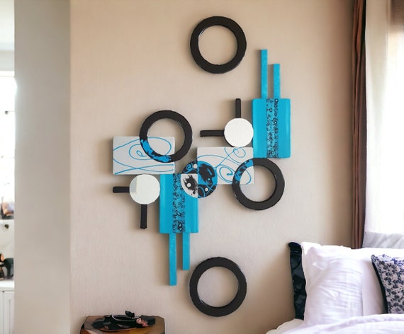 Turquoise Silver Wood & Mirror Wall Art, Modern Metal home decor, Abstract Sculpture 32x24 to 42x24 by Alisa