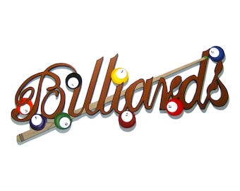 Billiards Wall Art & sports bar wall art, wood wall sculpture, game room art, 8 ball wall art, 48x20 by DAS