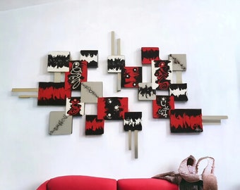 Modern Abstract Red and black fusion square wall sculpture, Contemporary wood and metal wall art 80x50 DAS
