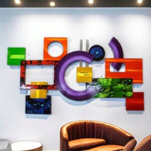 Colorful Abstract Wall Sculpture, Unique Geometric Essence Wood and Metal Wall Decor 37x21 by Art69 image 3