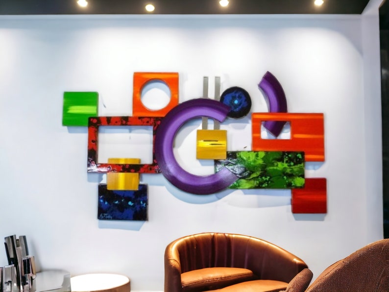Colorful Abstract Wall Sculpture, Unique Geometric Essence Wood and Metal Wall Decor 37x21 by Art69 image 3