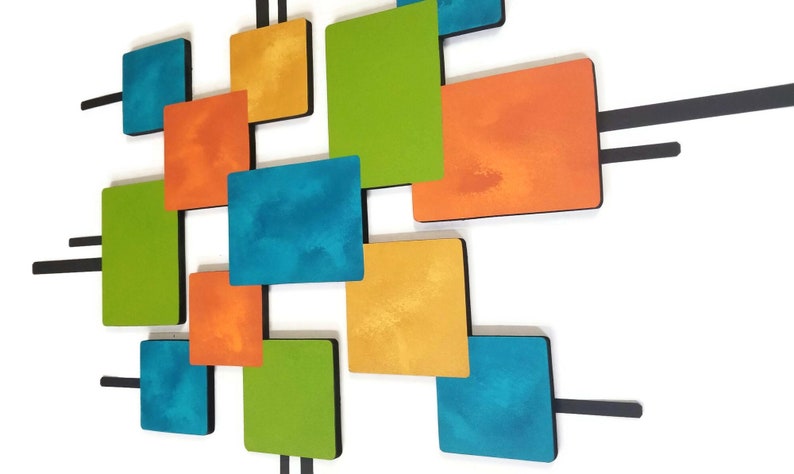 Simplistic Mid Century Modern Squares Contemporary Wood and Metal Wall Sculpture 40x33 TO 60X50 by Alisa image 3