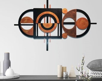 Geometric Wall Sculpture, Copper & Black Abstract Wood Metal art, Geometry in Motion 46x30 to 55x30 by Art69