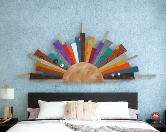 Zen Twilight Moon Burst Wood and Metal Wall art, wood wall art, contemporary wall decor, 48x24 to 60x30 by Alisa