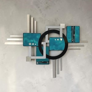 Teal Aqua Wall Art, Geometric Wood & Mirror Wall Sculpture, Abstract wood metal art, 32 up to 80 inches by Art69