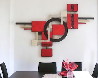 Sassy Red and black Abstract wood Metal and mirror wall sculpture 40x27 by Alisa