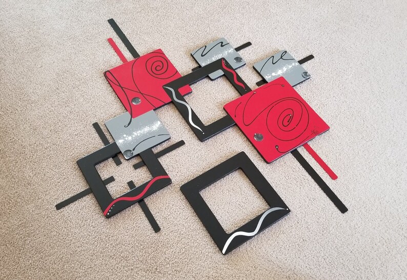 Abstract Wall Sculpture Modern Red Black Wall Art 2 Piece Etsy