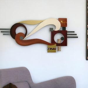 Contemporary Modern Abstract Art wood and metal Wall Sculpture Avalon 48x20 wood wall art, metal mirror art by Art69 image 1