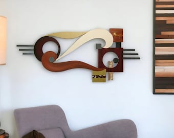 Contemporary Modern Abstract Art wood and metal Wall Sculpture Avalon 48x20 wood wall art, metal mirror art by Art69