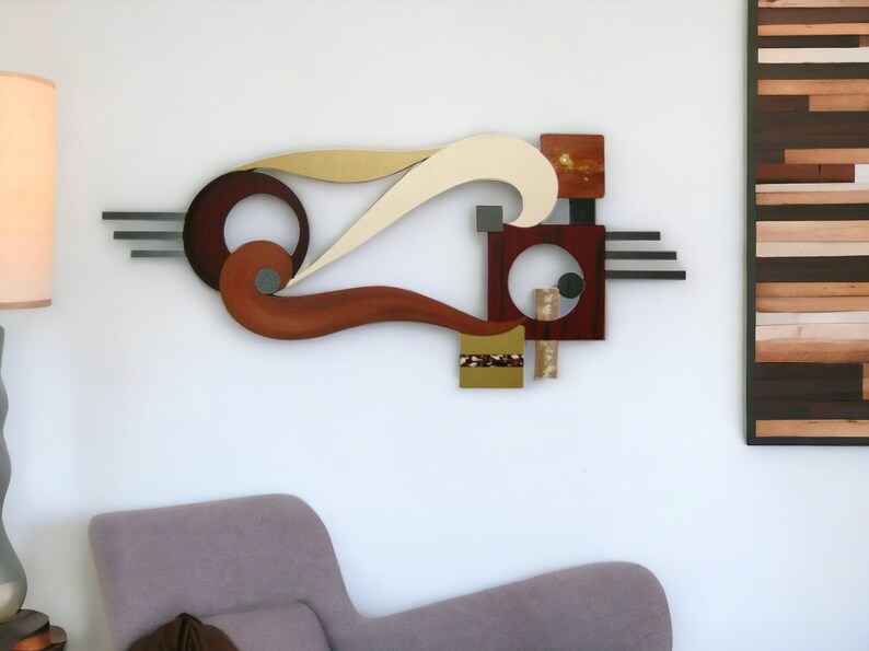 Contemporary Modern Abstract Art wood and metal Wall Sculpture Avalon 48x20 wood wall art, metal mirror art by Art69 image 1