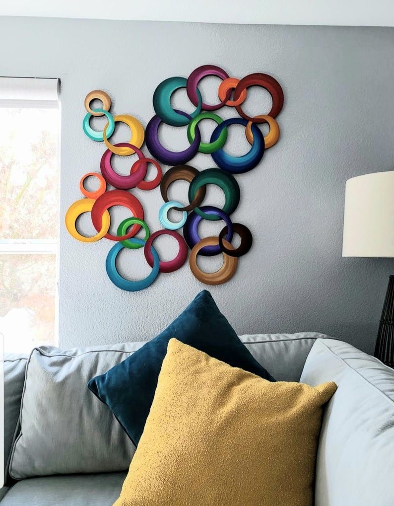 Chained by Color-HUGE Vibrant Circle Wall Hangings Contemporary Modern , Wood wall decor, Circle Wall Sculpture by DAS image 10