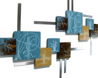 Turquoise & brown wood n metal square wall art, contemporary modern wall hangings by Alisa