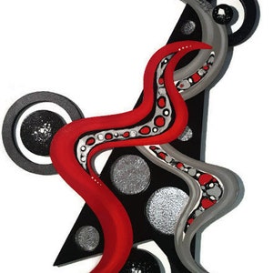 Abstract Red Black and Silver Contemporary Modern Wood and Metal Wall ...