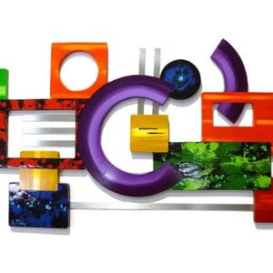 Colorful Abstract Wall Sculpture, Unique Geometric Essence Wood and Metal Wall Decor 37x21 by Art69 image 2