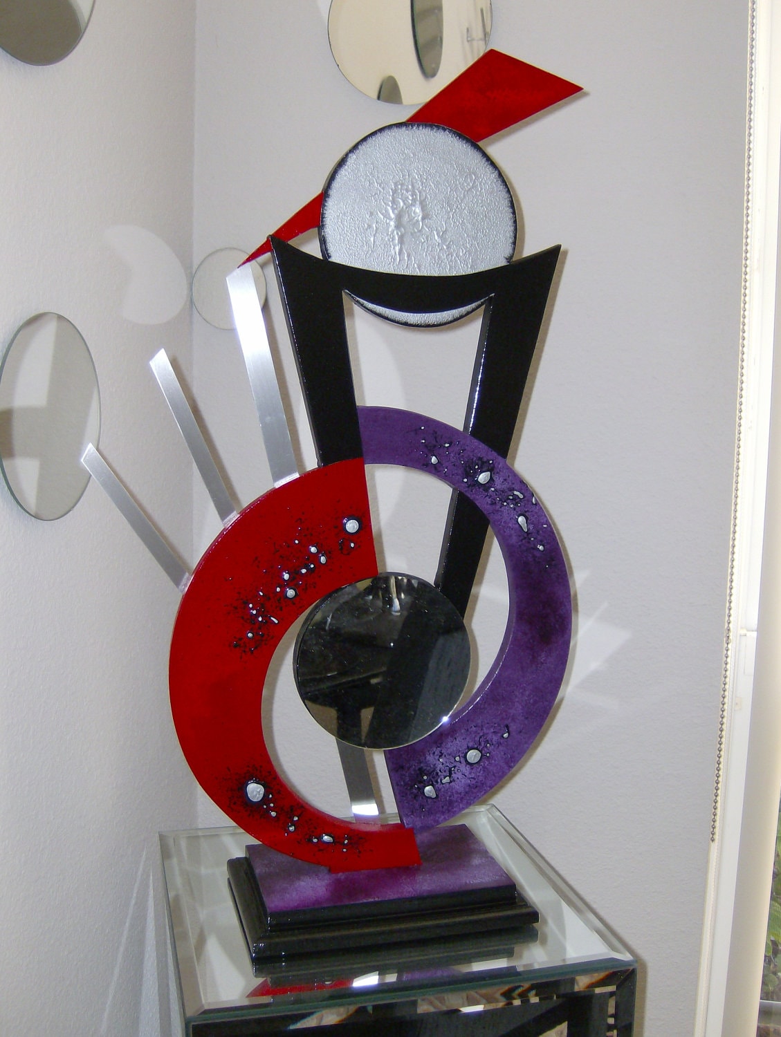 Purple & Red Abstract Art Tabletop Sculpture, Wood Metal & Mirror Modern Table Top Sculpture - Sadie By Alisa