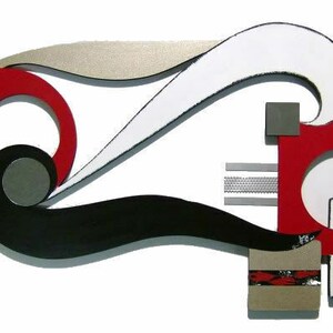 Contemporary Modern Abstract Art wood and metal Wall Sculpture Avalon 48x20 wood wall art, metal mirror art by Art69 Red, Black, White V2