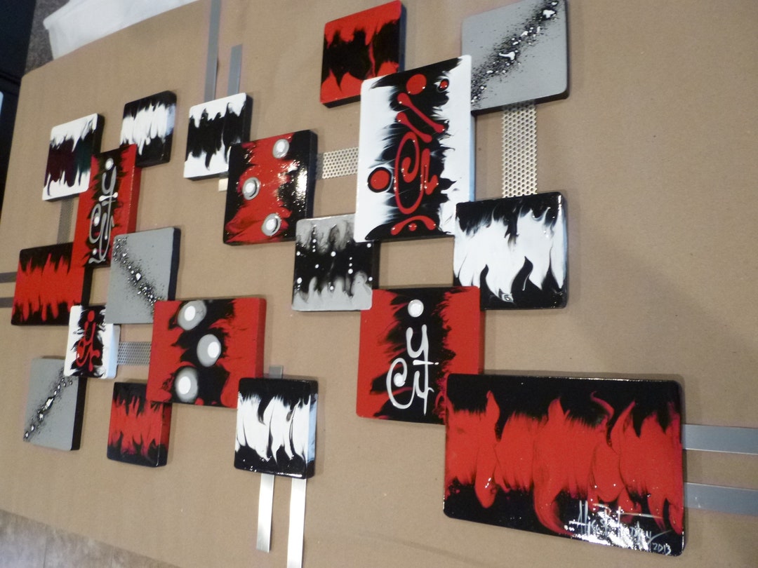 Red and Black Modern Abstract Wall Art, Bold Geometric Squares, Wood