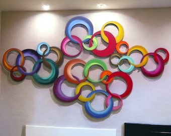 Chained by Color-HUGE Vibrant Circle Wall Hangings- Contemporary Modern , Wood wall decor, Circle Wall Sculpture by DAS