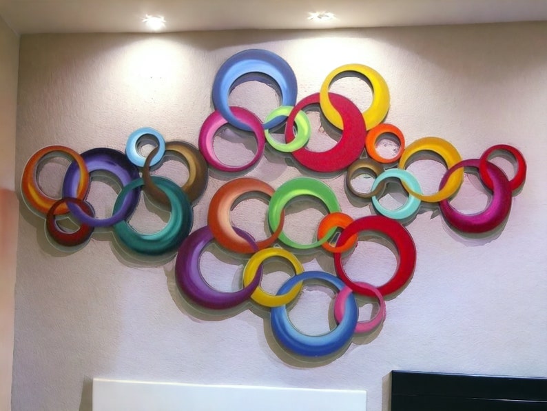 Chained by Color-HUGE Vibrant Circle Wall Hangings Contemporary Modern , Wood wall decor, Circle Wall Sculpture by DAS image 1