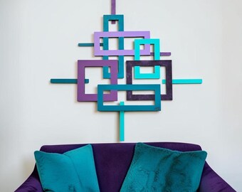 Geometric Faux Frame Wall Art, Purple and blue Teal open square wood and metal wall sculpture, 38x37 to 63x66 by Alisa