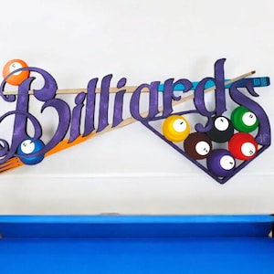 Purple Billiards Wall Sculpture: Hand-Painted Game Room Decor (47x21 to 63x30) by Alisa
