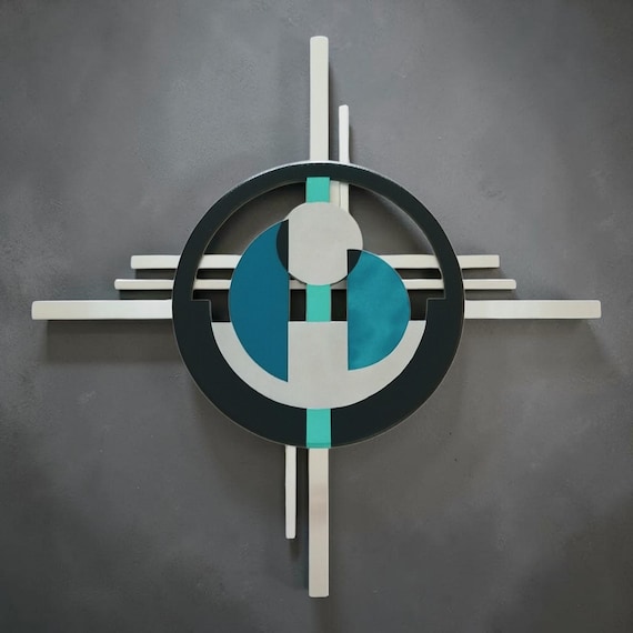 Mid Century Modern Circle Wall Art, Teal, aqua, Wood & Metal Abstract Sculpture 32" to 39" by Art69