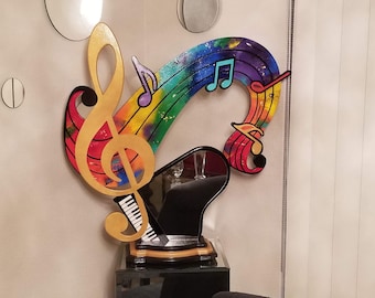 Contemporary Abstract Music table Sculpture, Clef note & Mirrored Piano Colorful music sculpture, by DAS