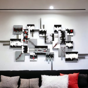 Wood and Metal wall hanging, Monochrome Black White Modern Abstract Art, Square Wall Sculpture by Alisa