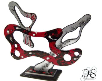 Red Black Tabletop art, funky sculpture, Abstract tabletop sculpture, red silver desk art, by Art69