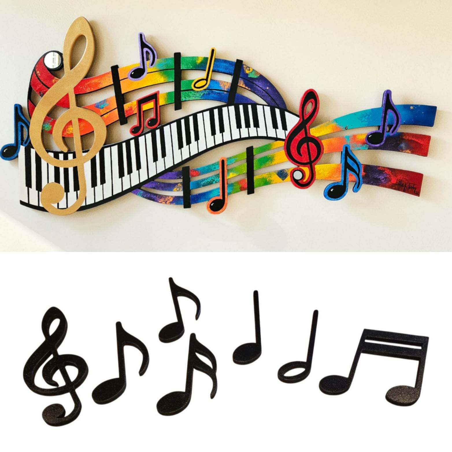 Music Wood Wall Art, Colorful Abstract Music Notes & Piano Keys