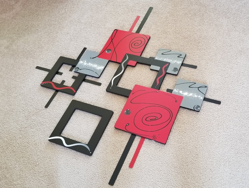 Abstract Wall Sculpture Modern Red Black Wall Art 2 Piece Etsy