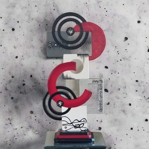 Unique Contemporary Modern Abstract Red black and White Wooden Tabletop sculpture by Alisa