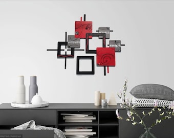 Abstruse Abstract Wood and Metal Wall Sculpture, Modern Red Black Wall Art, 2 piece Contemporary Squares 31x25 by Art69